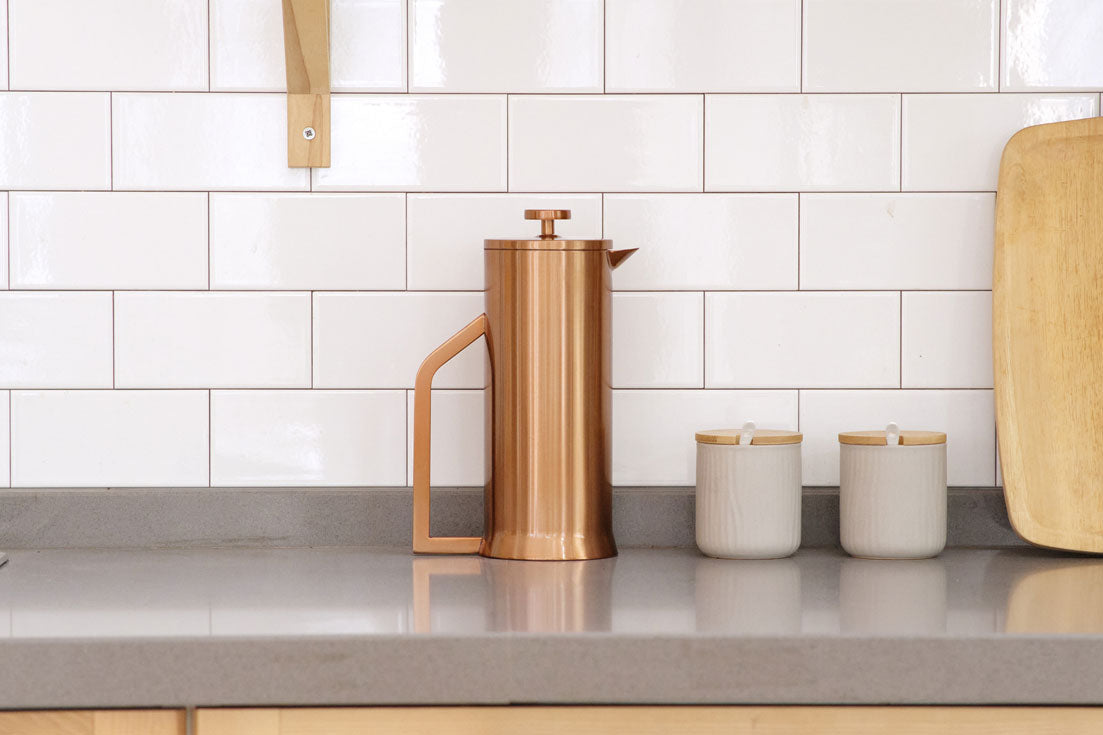 White and copper Lafeeca French press coffee maker