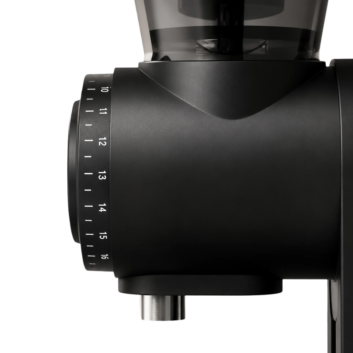 Close-up of a black Lafeeca ARC coffee grinder showing the dial adjustment mechanism and part of the hopper against a white background.