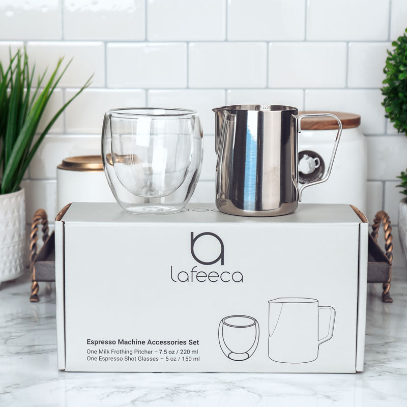 Lafeeca 2-in-1 Espresso Cup & Pitcher Set Stainless Steel – 5 oz espresso cup with 7.5 oz latte art pitcher