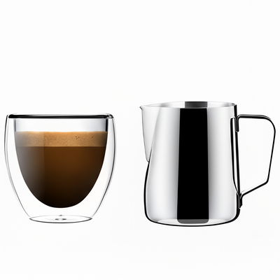 Lafeeca 2-in-1 Espresso Cup & Pitcher Set Stainless Steel – double-wall glass espresso cup and milk frothing pitcher set