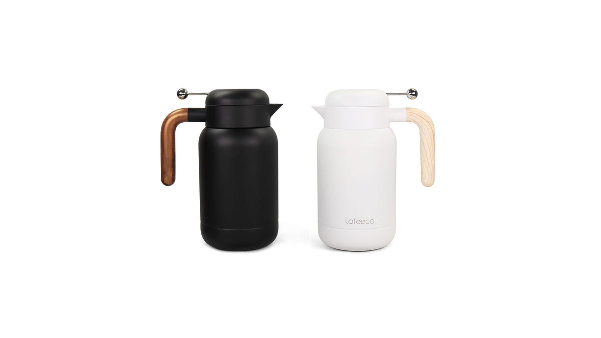 Black and white Lafeeca Aura thermal coffee carafes side by side