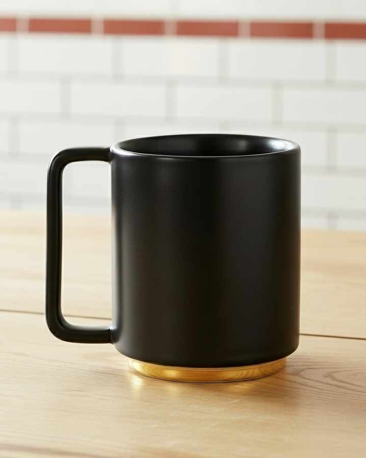 Lafeeca Black mug on a wooden surface with a tiled wall background