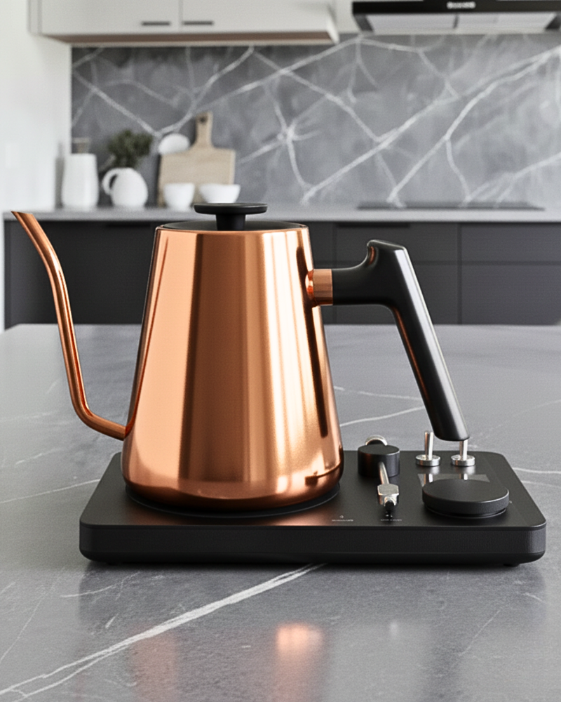 Copper kettle on a black hot plate in a modern kitchen