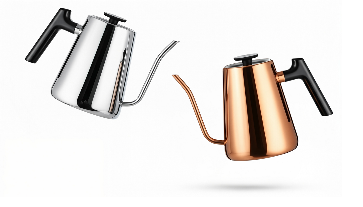Two Lafeeca coffee dj kettle body, one silver and one copper, on a white background