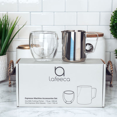 Lafeeca 2-in-1 Espresso Cup & Pitcher Set Stainless Steel – 5 oz espresso cup with 7.5 oz latte art pitcher