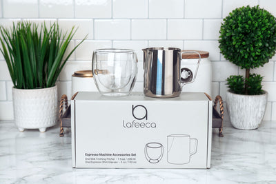 Lafeeca 19-Bar Espresso Machine – espresso cup and milk frothing pitcher accessory set