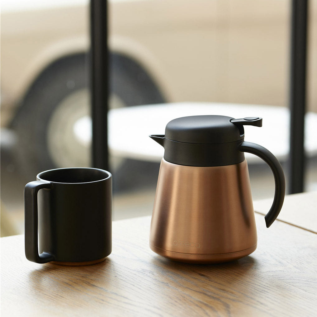 Lafeeca Ceramic Coffee Mug Set – ceramic coffee mugs styled with a copper Lafeeca coffee carafe